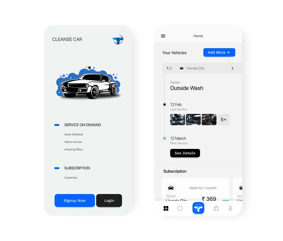 A car and bike servicing app that displays maintenance history, appointments, and subscriptions with clear calls to action.