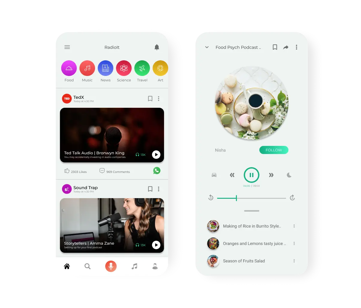 The app was developed in Android and the backend in Node.js. A podcast sharing app similar to a music player.