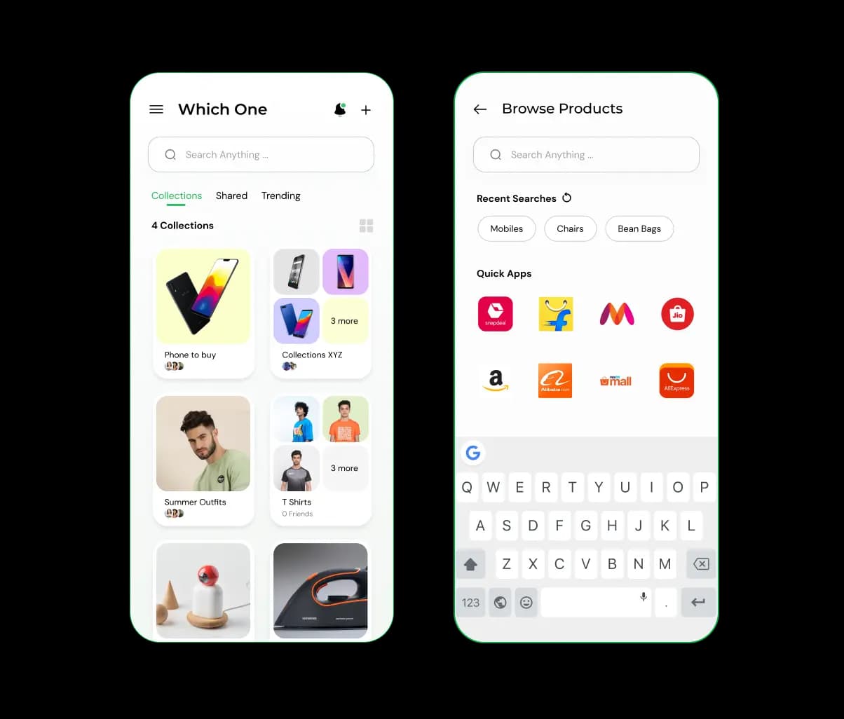 The app was developed in Flutter and the backend in Node.js. Easy shopping through website links from inside the app and sharing with friends.