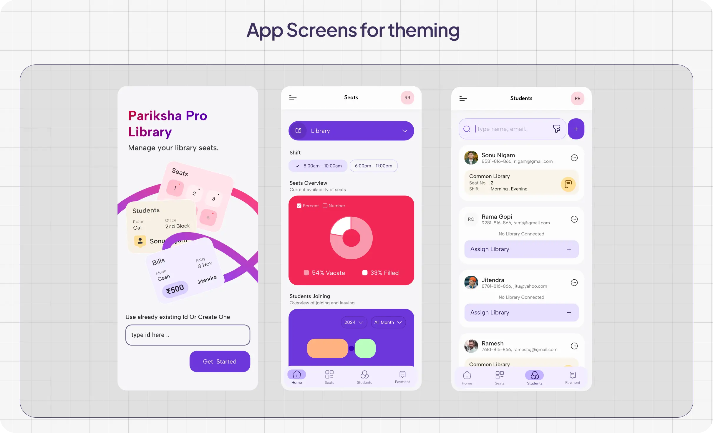 Three Pariksha Pro Library mobile app screens used for visual theming reference, featuring a purple-and-pink design system with seat management dashboards, student assignment interface, charts, and library administration workflows.