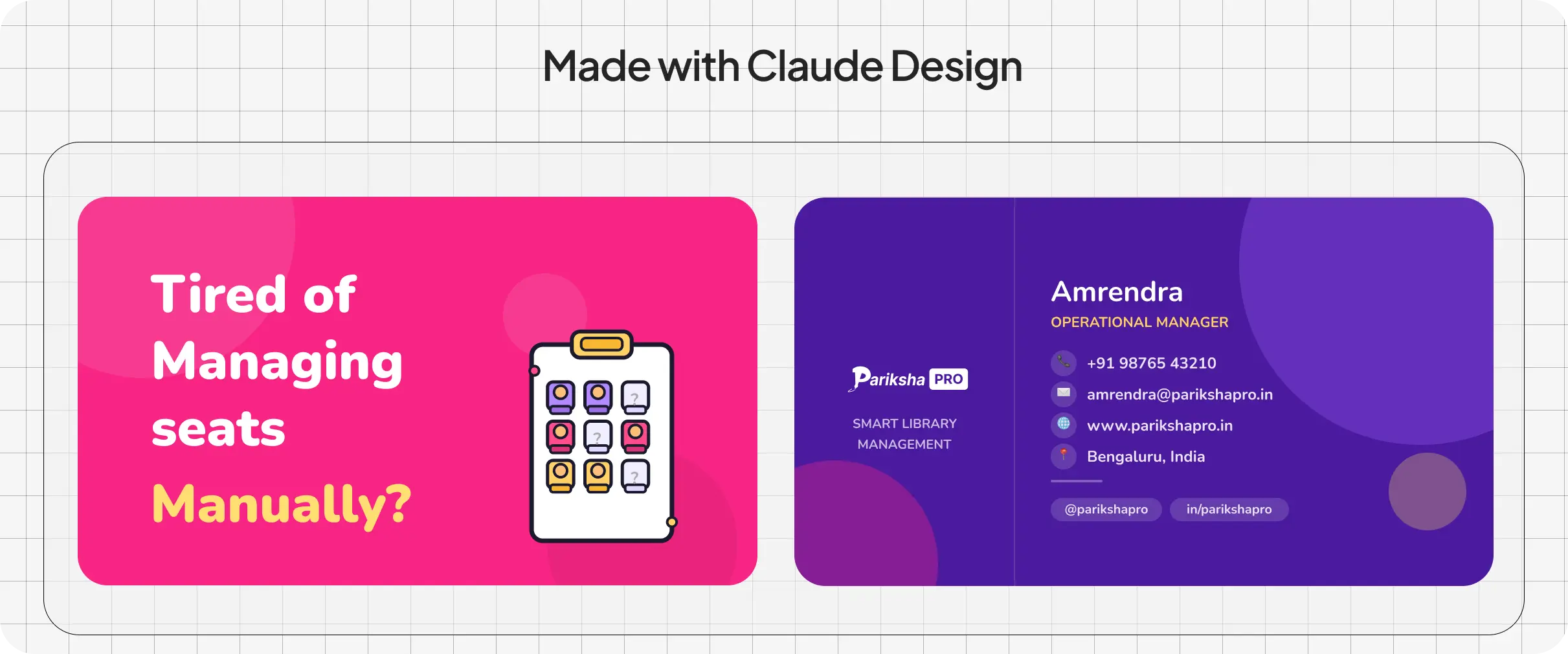 A presentation slide titled “Made with Claude Design” showing a vibrant two-sided visiting card concept for ParikshaPro. The front side features a bold pink background, large headline text about managing seats manually, and a playful illustrated seat-management graphic. The back side uses a rich purple layout with the ParikshaPro logo, contact details, social links, and soft circular design accents.
