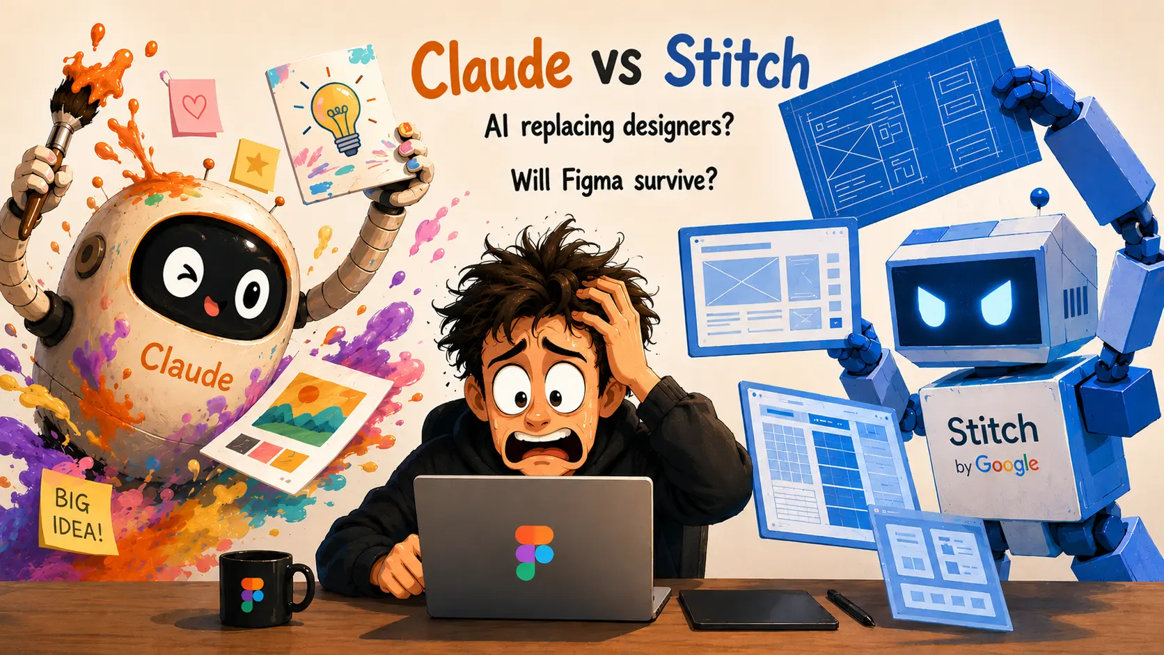 Overwhelmed designer sitting between a chaotic Claude-inspired robot and a structured Stitch-inspired robot while working in a Figma-inspired workspace