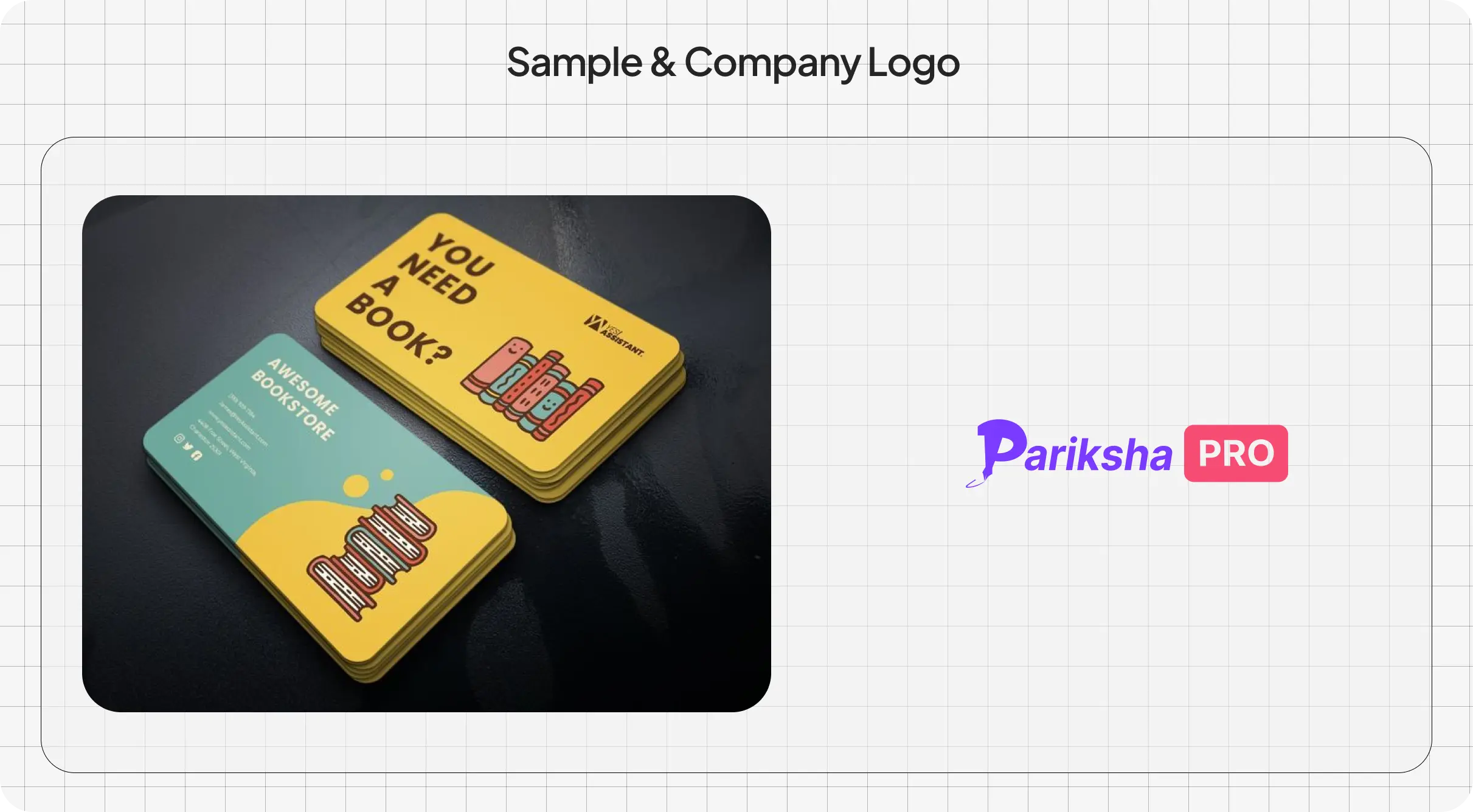 A presentation slide titled “Sample & Company Logo” showing a stacked bookstore-themed visiting card mockup on the left with bold typography and illustrated books, alongside the ParikshaPro logo on the right in purple and pink branding colors.