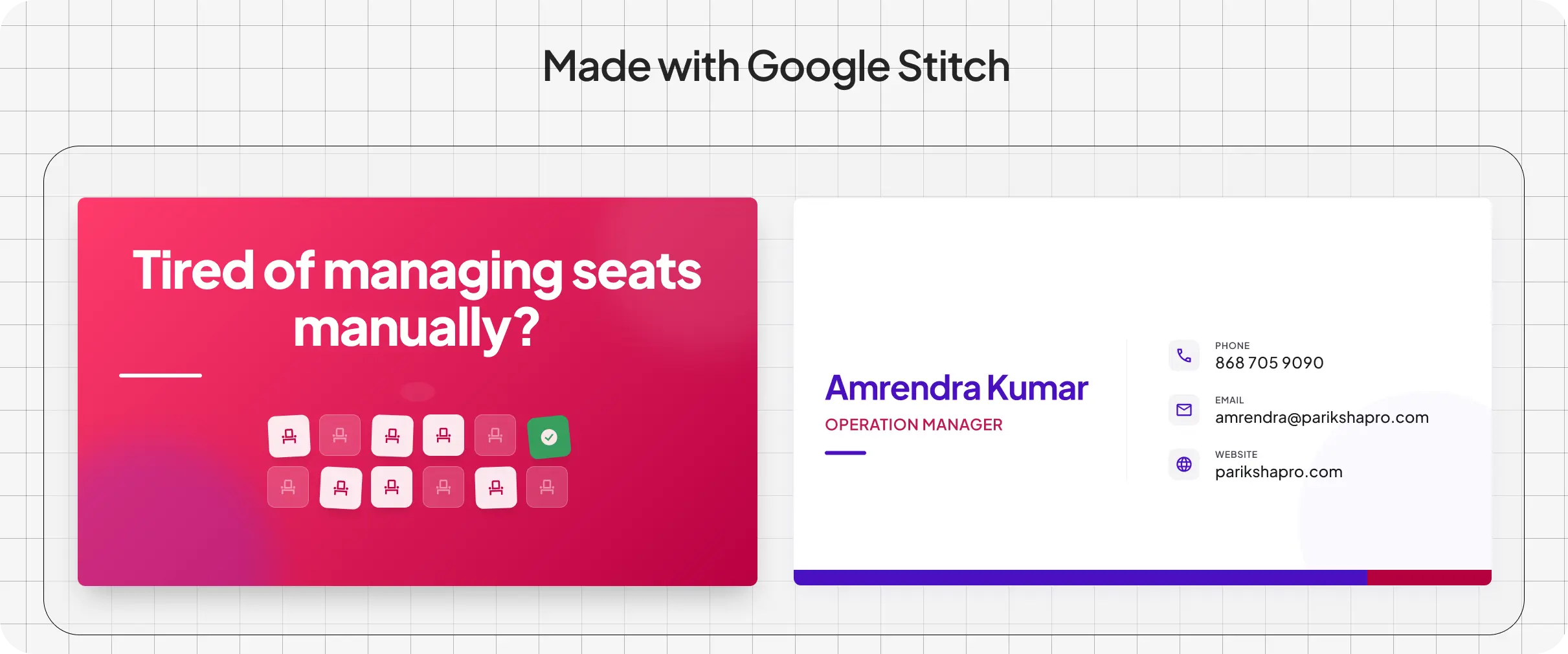 A presentation slide titled “Made with Google Stitch” showing a clean two-sided visiting card concept for ParikshaPro. The front side uses a pink gradient background with a bold headline about managing seats manually and a minimal seat-grid illustration. The back side features a structured white layout with clear typography, contact details, and subtle purple and pink brand accents for a modern print-ready appearance.