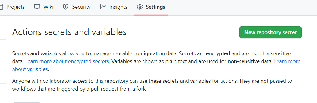 GitHub repository settings page showing Actions secrets and variables section