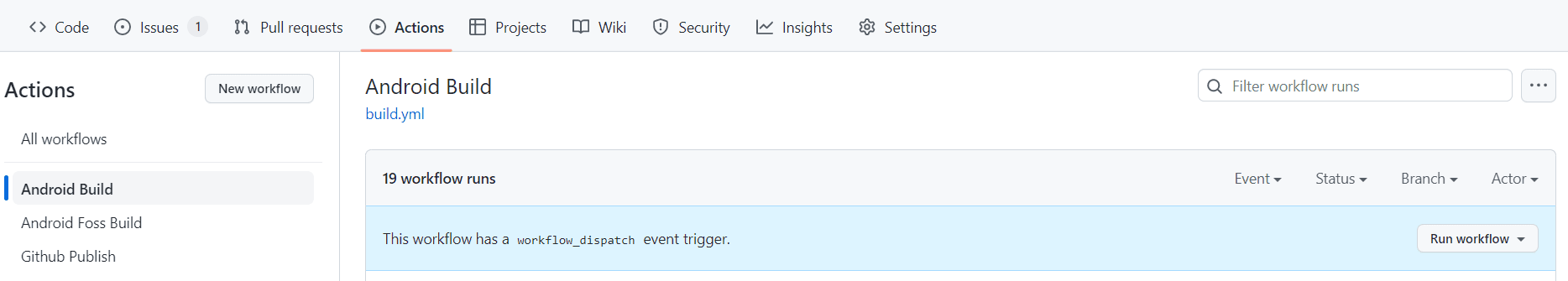 GitHub Actions page showing Android Build workflow with run button