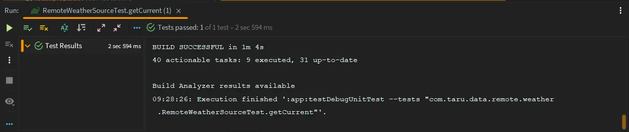Successful Retrofit unit test execution showing green test results
