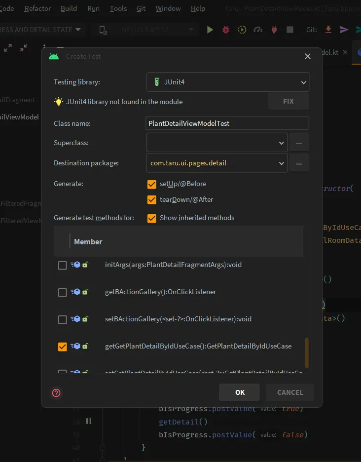 Android Studio screen showing selection of local unit test folder