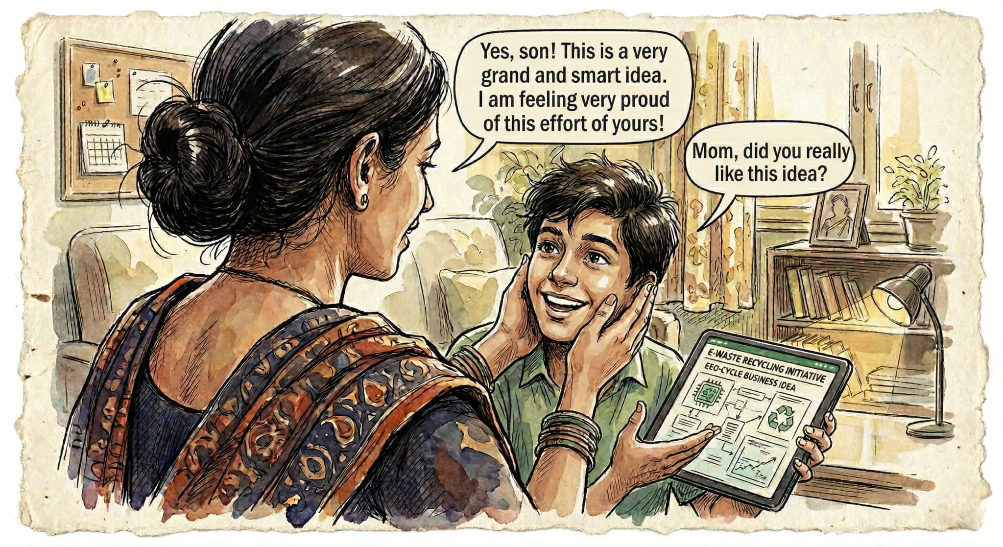 Mother encouraging her son's business idea while he shows a tablet, illustrating positive but biased feedback during idea validation