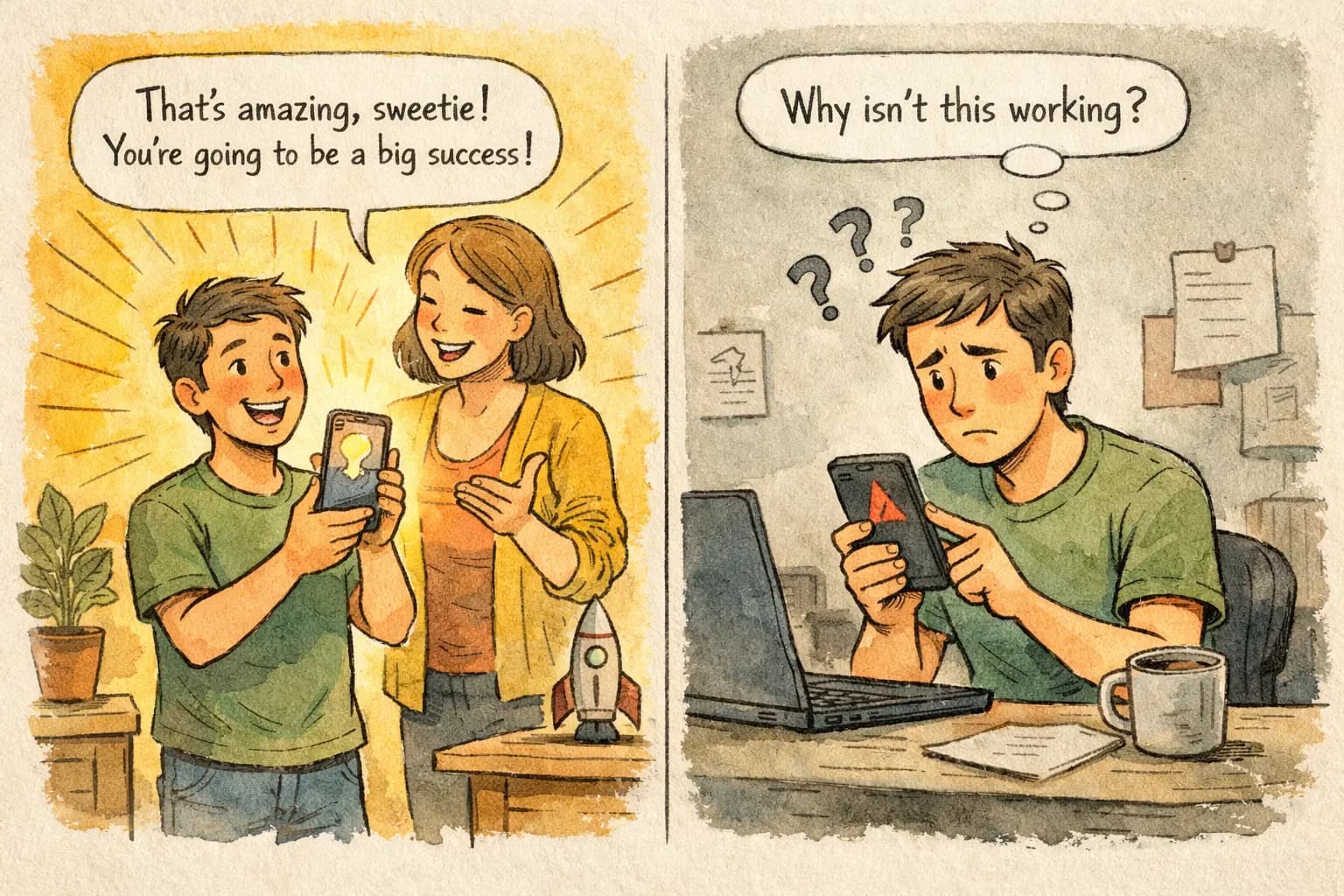 Split illustration showing a mother praising a startup idea while the creator later struggles when the product fails in reality