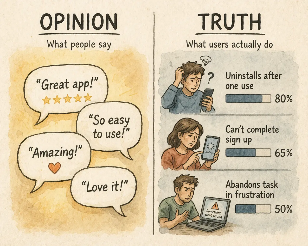 Comparison of user opinions versus actual behavior, showing positive feedback like “great app” versus real issues like uninstalling and frustration