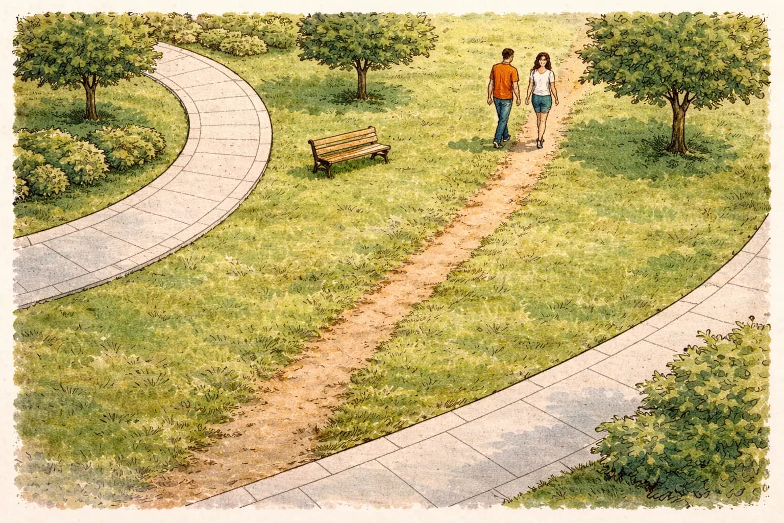 Park pathway design where users create a dirt shortcut instead of following the planned path, representing real user behavior over design intention
