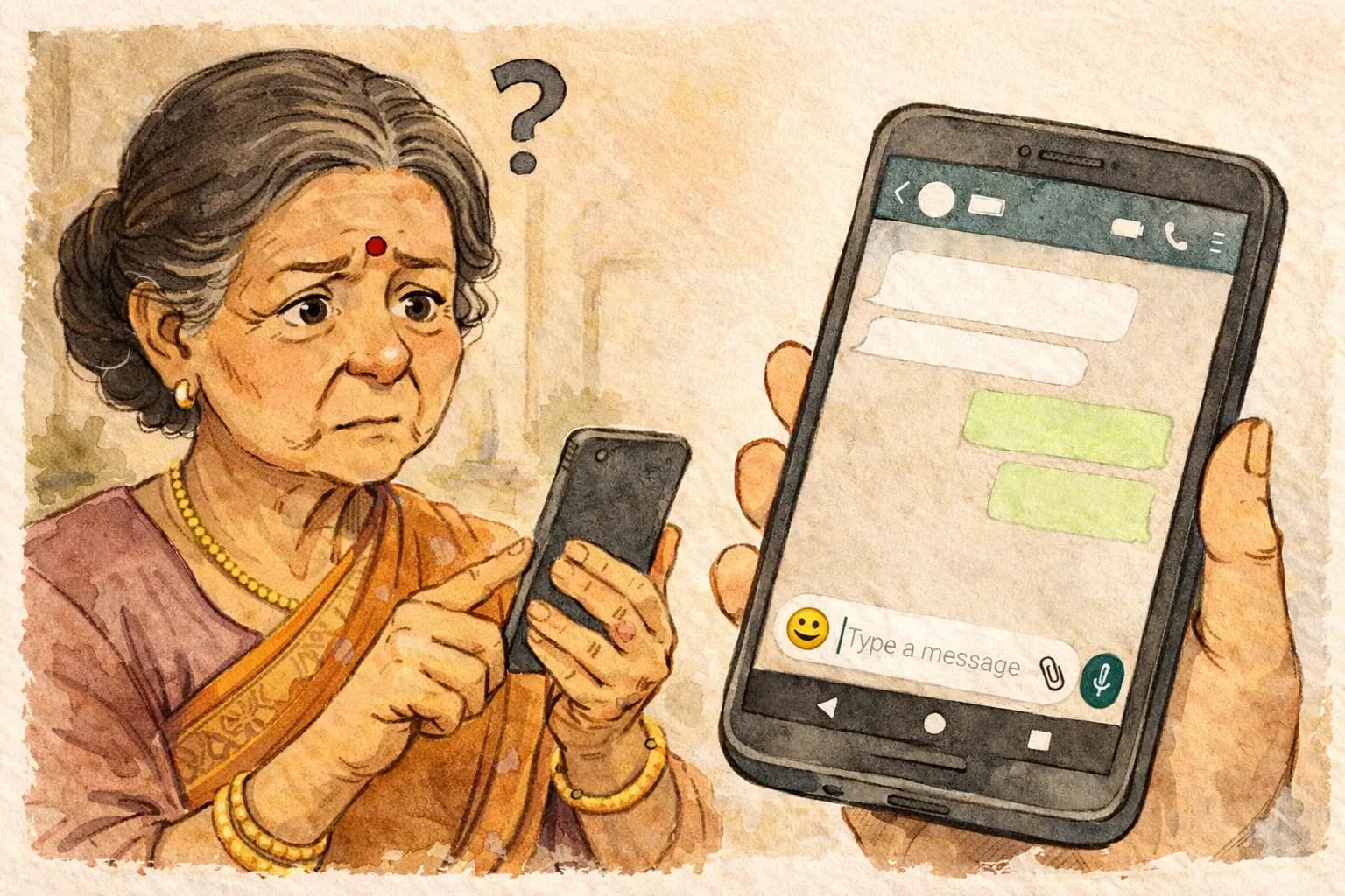 Elderly woman confused while using a messaging app on a smartphone, unable to find how to send an image, illustrating usability issues